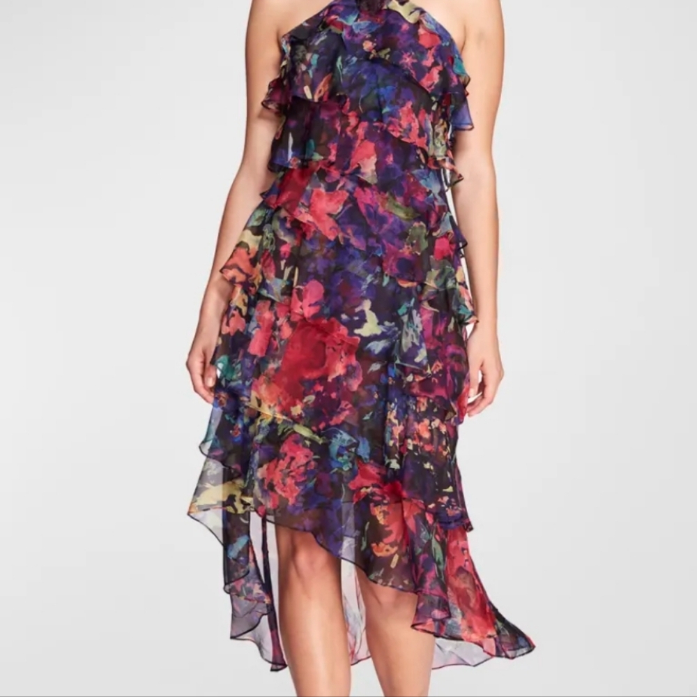 Ruffle-Tiered Chiffon Floral Halter Midi Dress